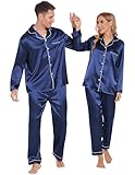 Ekouaer Couples Matching Pajamas Silk Long Sleeve Sleepwear Satin Soft Button Down Loungewear Pjs Set,Navy,M