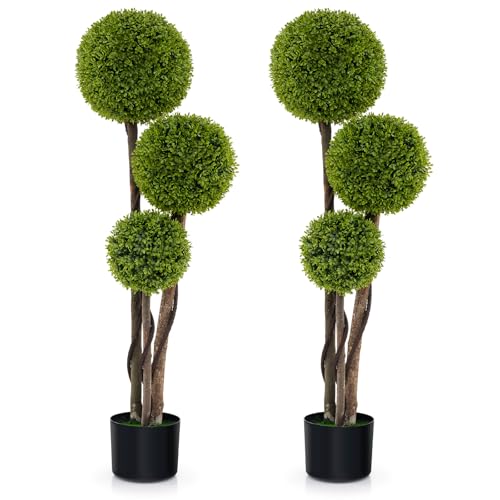 Goplus 4ft Artificial Boxwood Topiary Ball Tree, 2 Pack Faux Potted Plants Cypress Tree in Weighted...