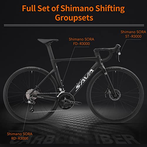 SAVADECK Carbon Disc Road Bike, Integrated Design Racing Bicycle Carbon Frame Carbon Fork with Shimano SORA R3000 Derailleur System 18 Speed Disc Brake Road Bike for Men or Women.