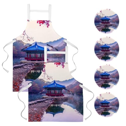 Tablier de cuisine multicolore paysage naturel lot de 2 avec 4 broches