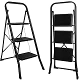 kisidus Escabeau Pliable 3 Marches Antidérapants Échelles Marche Pied Pliante 3-Level Max 150kg Acier Robust Intérieur Extérieur - Noir