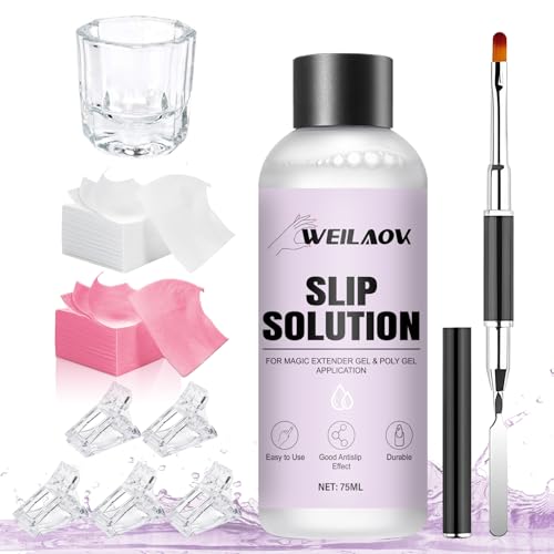 WEILAOK Polygel Slip Solution, Polygel Para Uñas Profesional, 75ml Slip Solution Polygel, Pincel Acrilico Uñas, 5 Clips de Uña, 1 Vaso de Cristal 100 Hojas de Limpieza