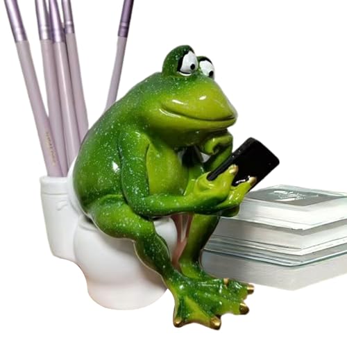Frog Statue for Desk, Collectible Sculpture for Bathroom, Frog Sitting on Toilet Sculpture for Balcony Bathroom Bedroom, Resin Garden Figurine