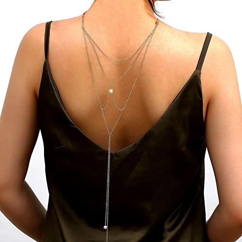 TseenYi Collar de Cadena Trasera de Perlas Boho Nupcial Y Back Drop para Verano Boda Sin Espalda - Joyas para Mujeres y Niñas (Plata)