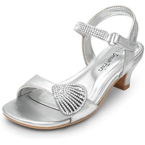 DREAM PAIRS Girls Sandals Ankle Strap Square Toe Low Heel Crystal Shell Wedding Party Flower Dress Shoes for Little Kids/Big Kids 4 Big Kid Silver