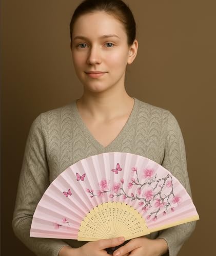 Image of 2PCS Chinese Fan for Hand, Hand Fan Manual, Japanese Fan Hand Fan Foldable Fans Silk Folding Fans with Bamboo Frames for Dancing Wedding Party Decoration Pink Floral