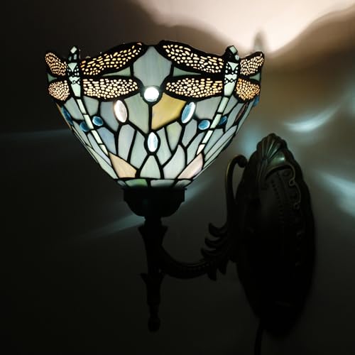 Image of Tiffany Wall Sconce Lamp Stained Glass 8X10.5X11 Inch Plug in Wall Bedside Light for Hallway Bedroom (Sea Blue Dragonfly Style)
