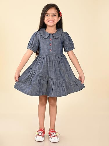 Image of LILPICKS Solid Button Down Drop Waist Denim DressFor Girls (Blue)
