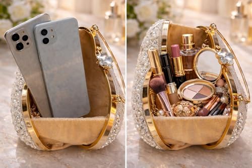 Image of Luxury Silver Beaded Pearl Heart Clutch Bag with Handle & Chain for Women Party Wedding Evening Purse.