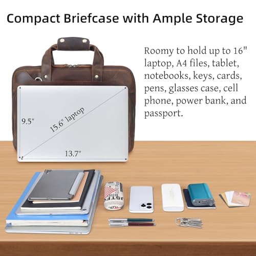Image of Masa Kawa Leather Laptop Briefcase for Men Fits 15.6 inch 16 inch Computer Slim Crossbody Shoulder Messenger Bag Attache Case for Business Work, Vintage Brown