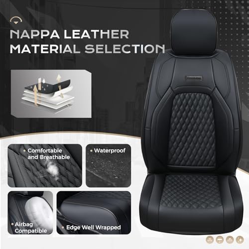Image of Coverado Front Seat Covers for Ford F150 2015-2026, F250 F350 F450 2017-2026 SuperCrew Crew Cab, Black Leather Car Seat Covers, Full Coverage