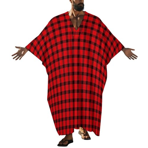 Red Buffalo Check Plaid Tartan Pattern Men's V-neck Robe Middle East Arabian Robe Butterfly Sleeves Kaftan