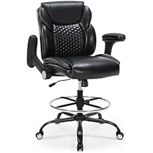Drafting Chair, Tall Office Chair with Adjustable Armrests Mid-Back Standing Desk Chair with Footrest Ring, PU Leather High Executive Desk Chair Counter Height Office Chair for Home and Office, Black
