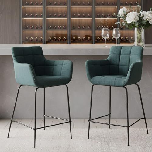 chairus Taburetes de Bar Juego de 2 con Reposabrazos Taburetes de Cocina de Tela Moderno Taburetes Altos de Mostrador con Reposapiés (Verde-2)