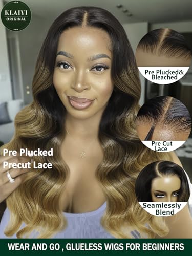Image of KLAIYI Ombre Highlight Blonde Loose Wave Pre Everything Glueless 13x4 Lace Front Wigs Human Hair Drawstring Balayage Brown Pre Cut Pre Plucked Bleached Ready to Wear and Go Wig with Dark Roots 26Inch