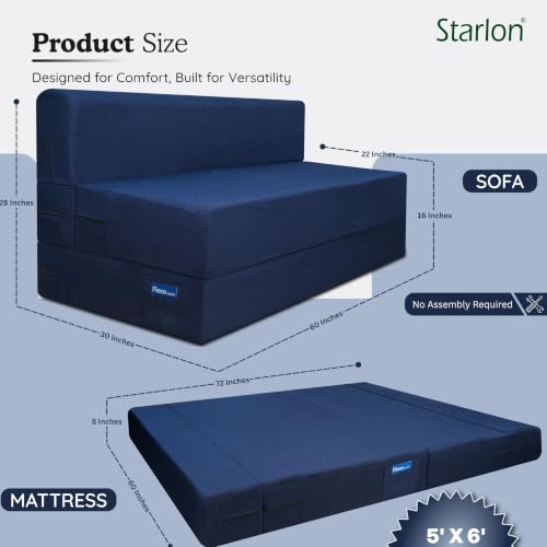 Image of Starlon 3 Seater Foldable Sofa Cum Bed 3-in-1 with Washable Jute Fabric Cover, Space Saving Guest Bed for Living Room & Apartment, Pre-Assembled Royal Navy Blue 5x6 Ft
