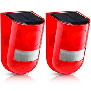 Qualirey 2 Pack Solar Sound and Light Alarm Motion Sensor 129db Outdoor Security Siren Waterproof Motion Activated Detector Alarm 6 LEDs Flash Warning Strobe System for Home, Farm (Red)
