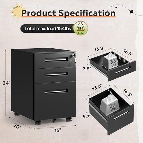 Image of DEVAISE 3 Drawer Mobile File Cabinet, Fully Assembled Except Casters