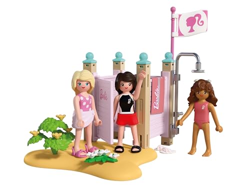 Playmobil Barbie Mode de Plage, Cabine de Change et Douche avec Barbie, Teresa et Renee, Favorise Le Jeu de rôle et la créativité, pour Enfants à partir de 4 Ans, 72124