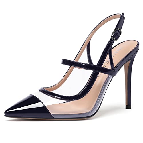 WAYDERNS Women's Patent Leather Ankle Strap Pointed Toe Clear Slingback Stiletto High Heel Pumps Wedding Party Dress Shoes 4 Inch