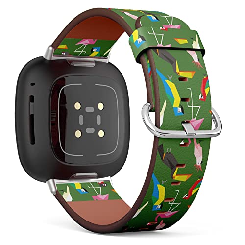 CJBROES Replacement Leather Watch Band, Compatible with Fitbit Versa 3 and Fitbit Sense of Wristband Bracelet Accessory - Cute Geometric Parrots