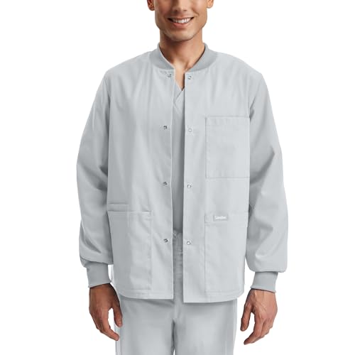 Landau Essentials Unisex Relaxed Fit Snap-Front 5-Pocket Scrub Jacket with Ear Bud Pocket and Hidden Organization LJ709 White