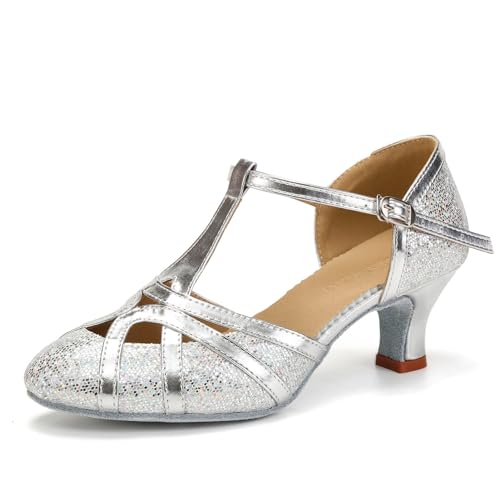 DKZSYIM Glitter Women Latin Dance Shoes Closed Toe Ballroom Salsa Tango Practice Performence Party Dancing Shoes,Model N511