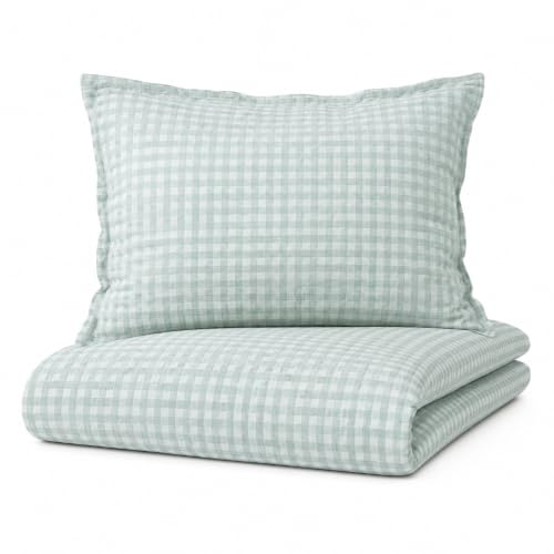 Image of TISU Toddler Crib Duvet Cover Sized 47 x 59 inch Gingham Patterned Soft Muslin Double Gauze Bedding Boy Girl Nursery Kids Sheet Bedsheets (Mint Gingham /Toddler)