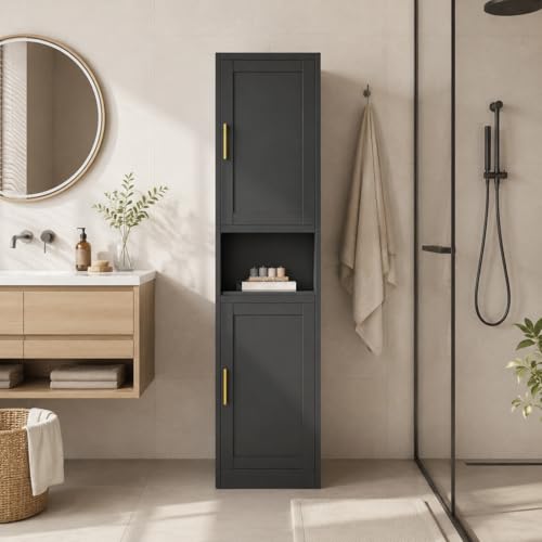 Image of Tall Narrow Pantry Cabinet for Kitchen, 67 inch H Metal Storage Cabinets with Doors and 3 Adjustable Shelves for Dining Room, Living Room and Home Office (16 inches Wide Black)