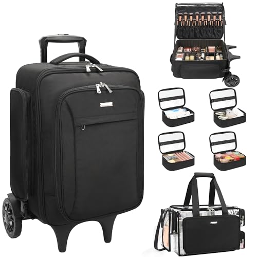 Image of Relavel Rolling Makeup Case with Large Clear Makeup Bags, Large Make Up Travel Organizer with 2 big Wheels, Professional Lockable Makeup Artist Backpack with Adjustable Dividers for Work - Black