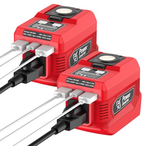 Image of 2-Pack 220W Power Inverter Compatible with Milwaukee 18V Battery (Battery Not Included) DC 18V to AC 110V Portable Power Station with 1 AC Outlet 2 USB QC Ports & 1 Type-C PD Port 400LM LED Work Light