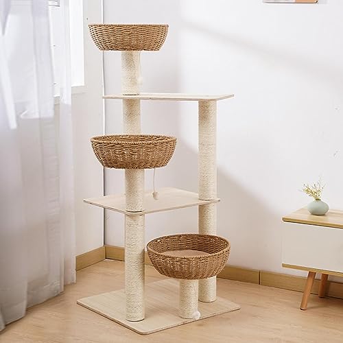 ITACHENG キャットタワー 爪とぎ 木製 わら 突っ張りタイプ 木登りタワー 展示台 爪とぎ 運動不足解消 ストレス解消 多頭飼い カゴ 可愛い 省スペース スリム 全麻縄巻き おしゃれ 室内 (55*136cm,カーキ3)
