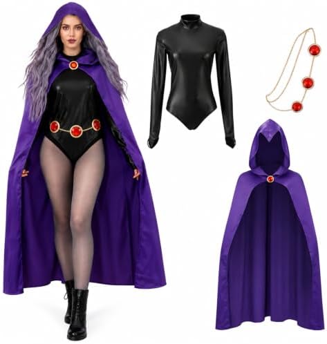 Raven Cosplay Costume Set Women Purple Deluxe Jumpsuit Halloween Uniform