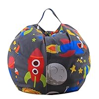 Treer Kids Soft Toy Storage Bag Stylish Printed Bean Bag Seat Chair Cover, Canvas Stuffed Animal Storage Bag with Zipper, for Kids Bedroom, Fast Organize Clothes, Toys (Rocket,18inch)