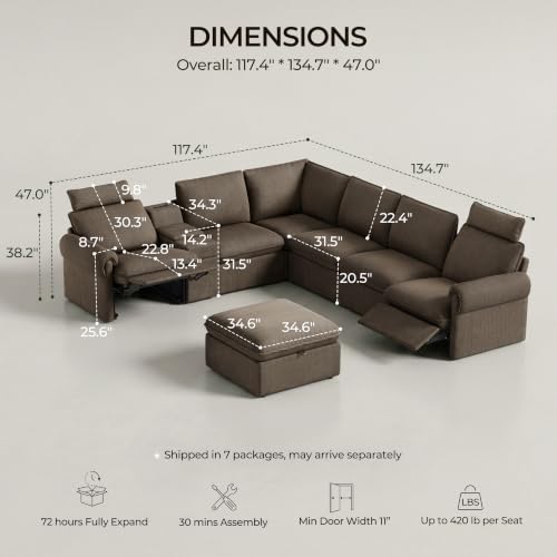 Image of CHIC HOUSE 117 inch 6-Seat Modular Power Reclining Sectional Couch, Brown