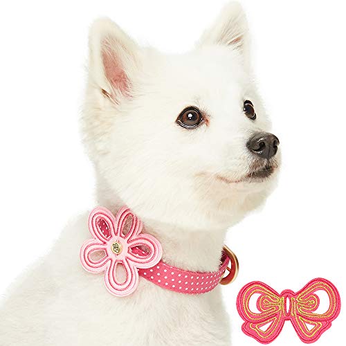 Blueberry Pet 2 Patterns Adjustable Dog Collar with Metal Buckle and 2 Detachable Bowtie - Pink Polka Dot, Neck 13-16.5