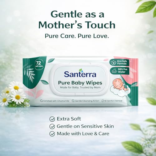 Image of Pure Baby Wipes Pack of 4 (288 Wipes) | Eco Safe formula, Extra Moisturiser, Tested by Mother's | Wipes with Chamomile, Aloe Vera & Vitamin-E |Dermatologically Tested with Alcohol-Free, Paraben-FreePure | Baby Wipes for Newborns & Infants