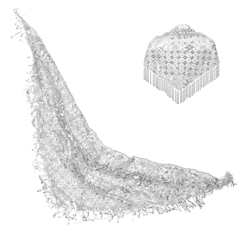 Ciieeo Chal para Mujer con Borlas, Chal Envolvente para Vestidos de Noche, Mantoncillo Plata con Lentejuelas y Flecos, Accesorio para Boda, Fiesta y Eventos Formales, Tamaño Grande,