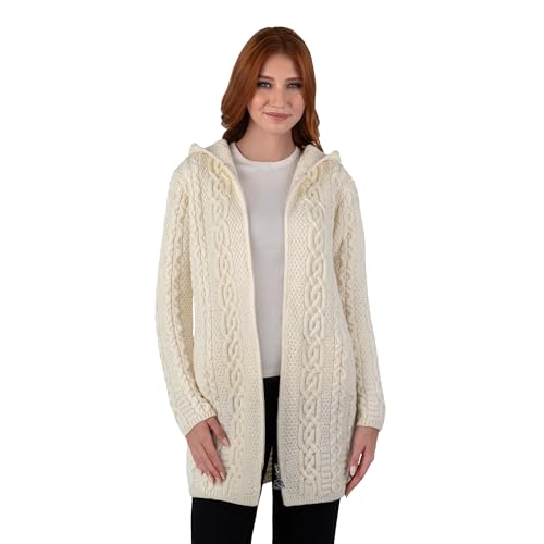 Image of SAOL 100% Merino Wool Aran Irish Cardigan for Women with Pockets, Hood and Celtic Zipper
