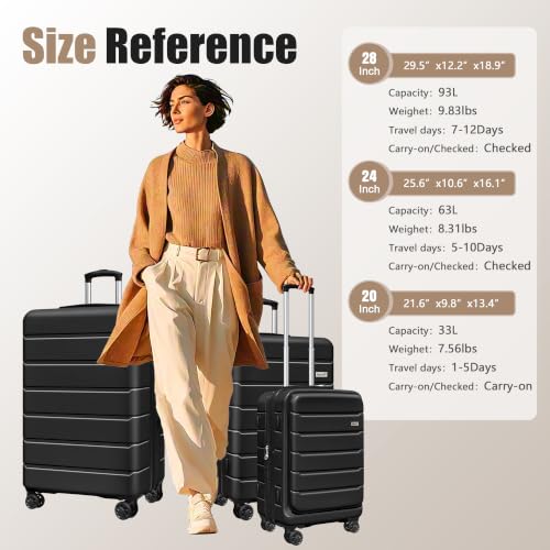 Image of KEYTANG SmileLine 3-Piece Luggage Set Lightweight Hardside Suitcase TSA Lock Spinner Wheels, 20 inch Expandable Carry-On Luggage with Quick Access Front Open Pocket, Bonus Makeup Bag,Black