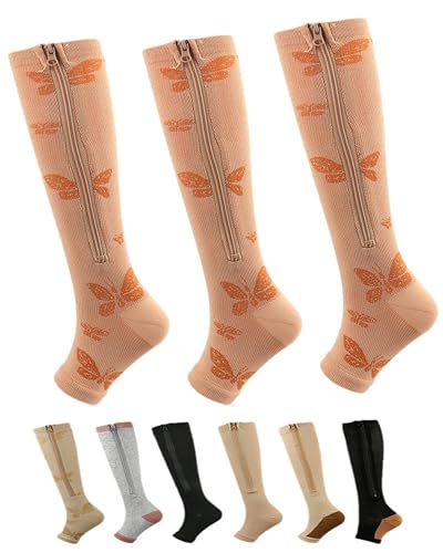 Image of Zipper Compression Socks for Women & Men Circulation Calf Knee High 15-20mmHg Open Toe Compression Stocking suit for Circulation Support