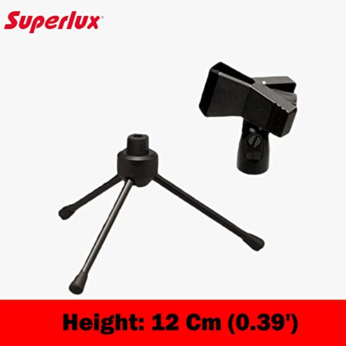 Image of Superlux HM‑6 Foldable Tabletop Microphone Stand | Adjustable 15-20 cm Height | Zinc-Alloy Tripod with Rubber Feet | Includes 20-35 mm Clip & 3 /8″‑to‑5 /8″ Adapter | Studio & Podcast Use