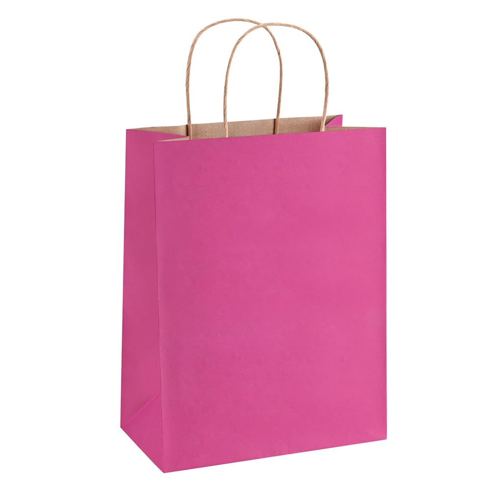 BagDream Hot Pink Gift Bags 8x4.25x10.5 100Pcs Kraft Paper Gift Bags with Handles Medium Bulk, for Shopping Party Favor, Retail Merchandise Grocery