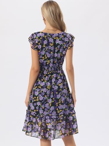Image of Allegra K Women's Floral Dress Spring Summer V Neck Flutter Sleeve Ruffle Casual Smocked Knee Length Dresses