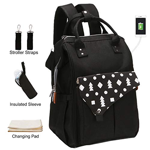 Hinwo Bolso cambiador para mamá de maternidad con bolsillos impermeables y con puerto USB aislados para el cuidado del bebé, gran capacidad negro negro