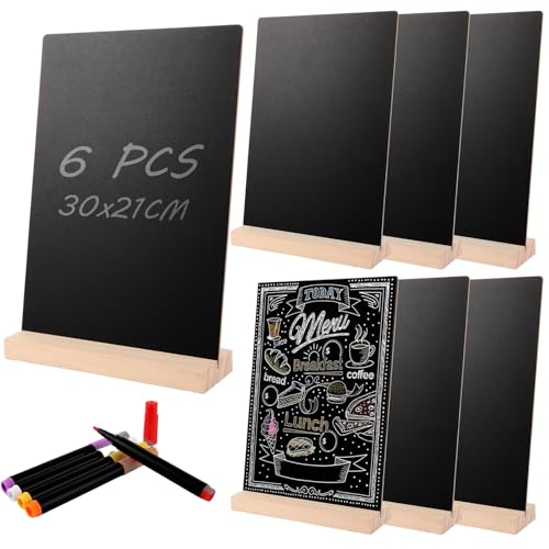 CYEER Lot de 6 Tableaux Noirs A4 (30x21cm) avec Support en Bois - Ardoises de Table Double Face Effaçables pour Menu de Buffet, Mariage, Étiquette de Prix...