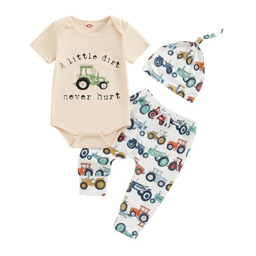 Image of Newborn Baby Boy Tractor Clothes Cotton Funny Letter Bodysuit+Truck Leggings Hat Farm Baby Shower Coming Home Outfit