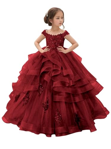 Off Shoulder Flower Girl Dress Sparkly Lace Appliques Puffy Tulle Pageant Dress for Girls Toddler Ball Gowns