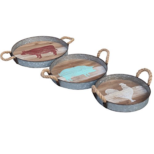 Barnyard Designs Round Metal & Wooden Decorative Nesting Tray Set, Vintage Rustic Distressed Design, Serving Trays for Country Kitchen, Coffee Table, Set of 3