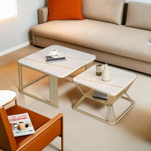Image of Stacking Tea Tables in White and Gold with a Black Metal Frame and an Open Storage Shelf for a Modern Marble Look Coffee Table or Sofa Center Tables with Set of 2 (White Gold)